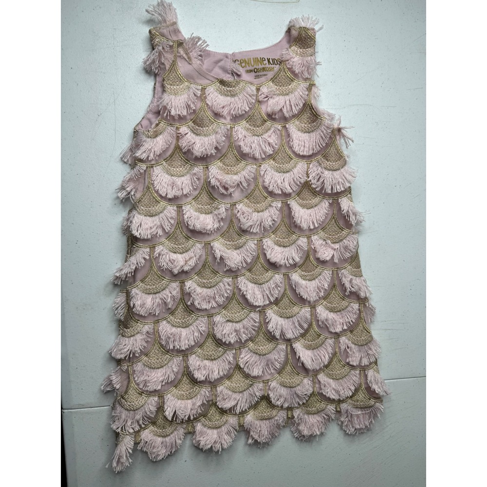 Genuine Kids OshKosh Pink Gold Fringe Scalloped Party Dress 4T Girls Sleeveless